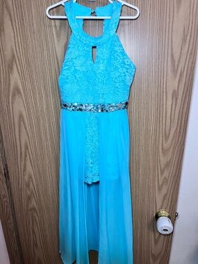 Speechless Turquoise Lace Halter High-Low Dress with Jeweled Waist